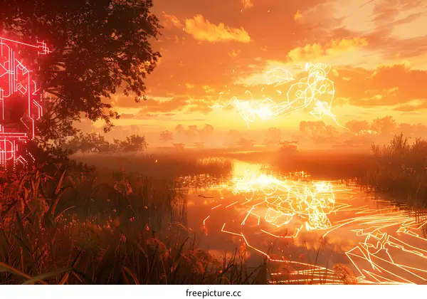 Digital Sunset over a Mystical River