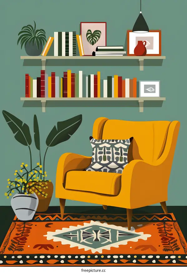Cozy Living Room with Yellow Armchair and Bookshelf