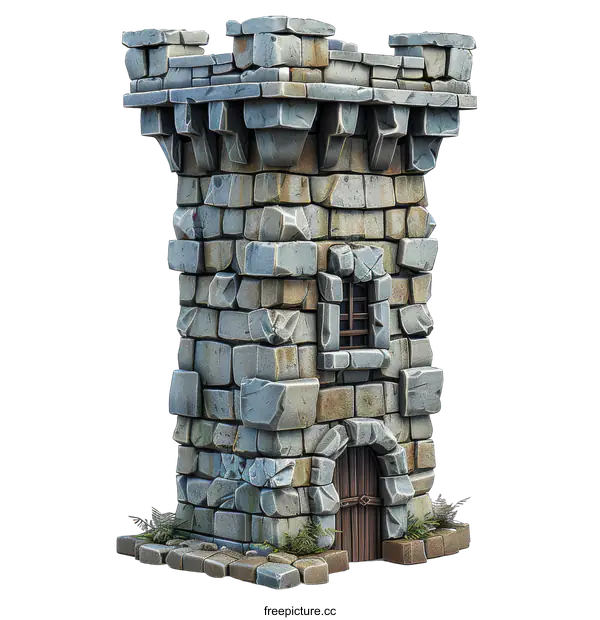 [Transparent Background PNG]A realistic 3D rendering of a stone tower with a door and window