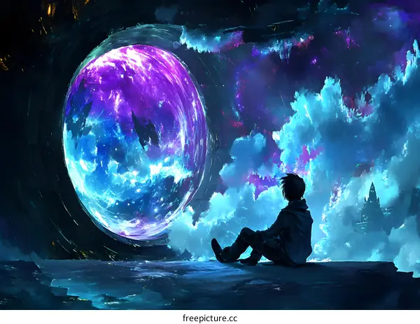 Man Sitting Underneath A Giant Purple And Blue Moon