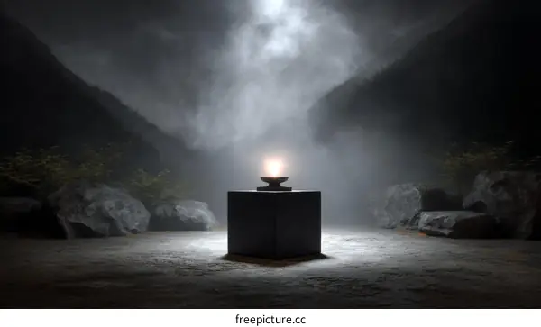 Dark Mountain Scene with Lit Vessel