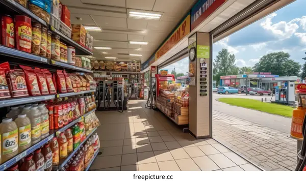 Gas station with a large glass window and a variety of snacks and drinks