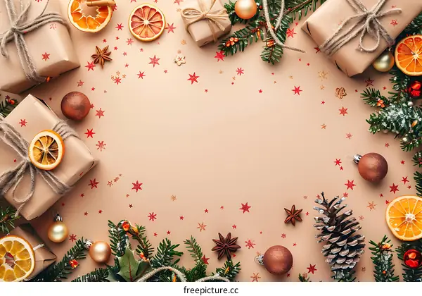 Christmas Decorations Background with Gifts and Pine Branches