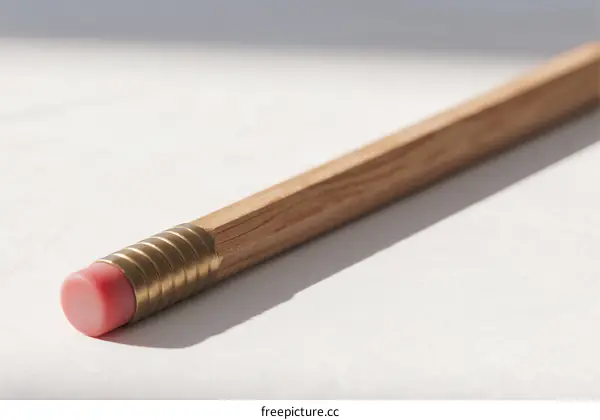 Close-up view of a wooden pencil with a pink eraser on a light background