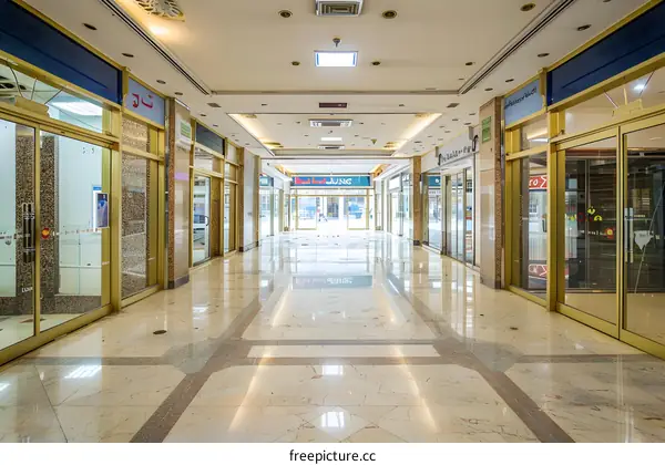 Empty Corridor With Shops On Both Sides
