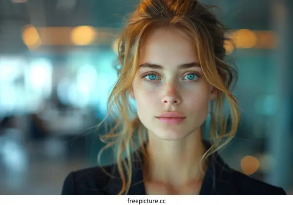 Portrait of a beautiful young woman with freckles and blue eyes