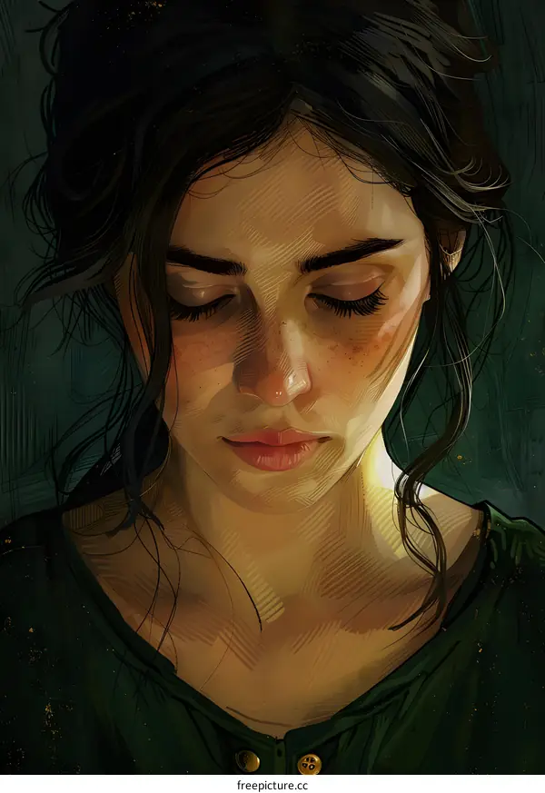 portrait of a young woman with dark hair and green eyes