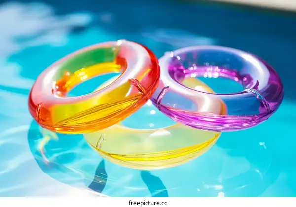 Three Colorful Plastic Rings Floating in Clear Blue Pool Water