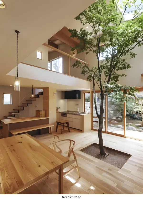 Modern Minimalist Home Interior Design with Tree Growing Through Floor