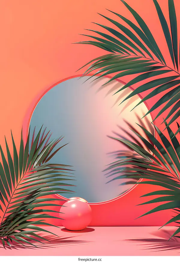 Minimalist 3D Render of a Pink Sphere and Palm Leaves Against a Coral Background