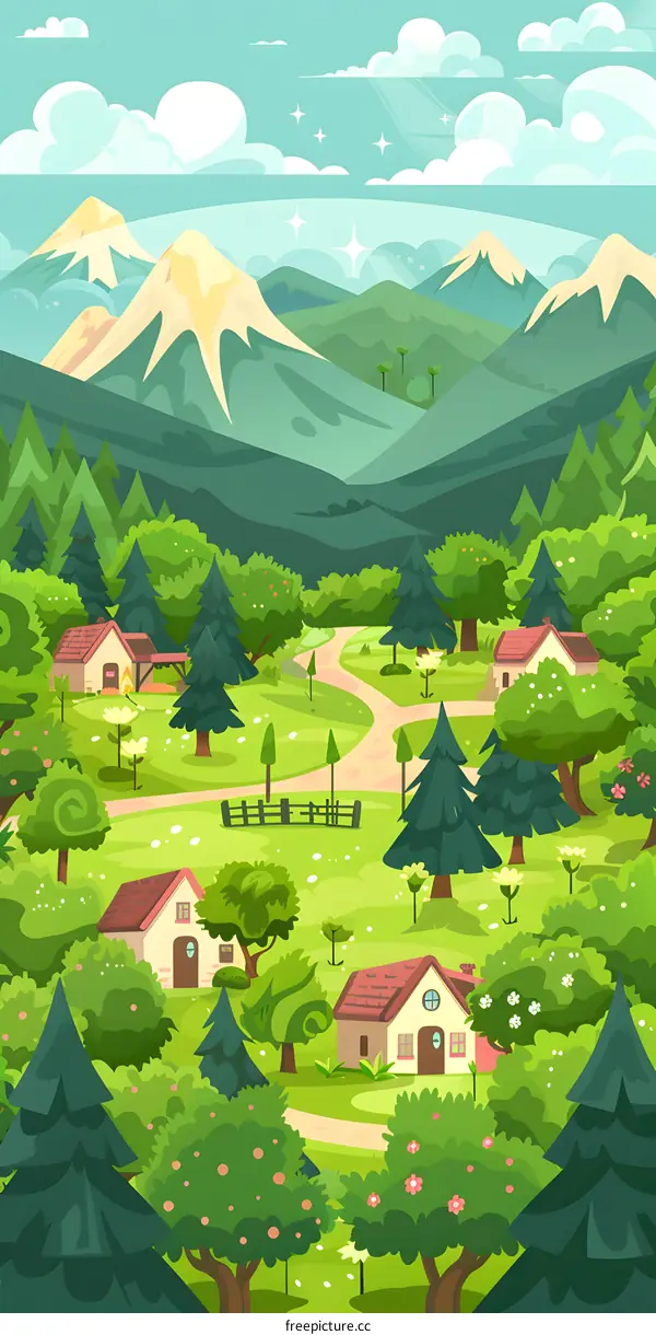 Mountain Village Cartoon Illustration