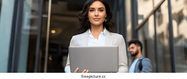 Business Woman Holding Laptop Outside Office Building