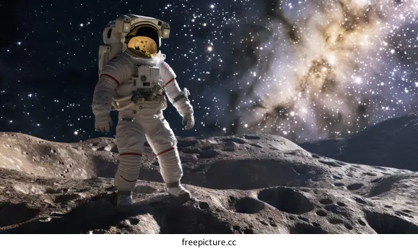 Astronaut on the surface of the moon with a beautiful nebula and stars in the background