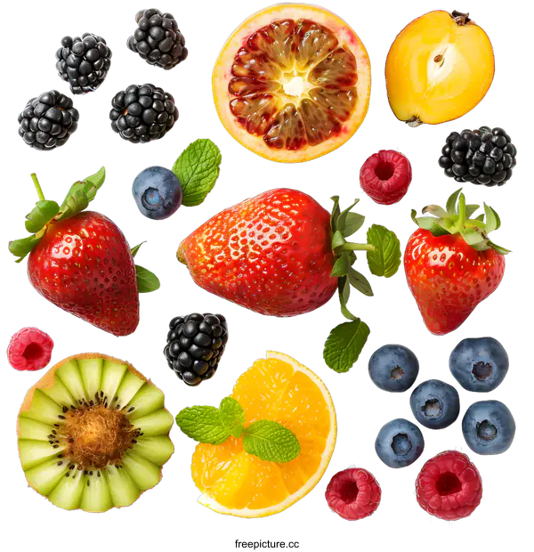[Transparent Background PNG]Fresh Fruits And Berries On White Background