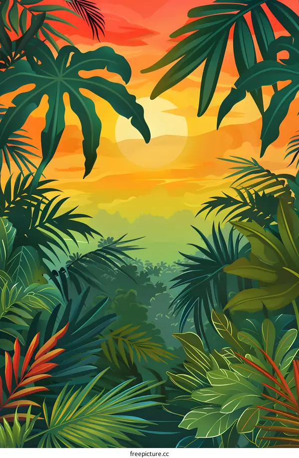 Tropical Sunset With Lush Greenery