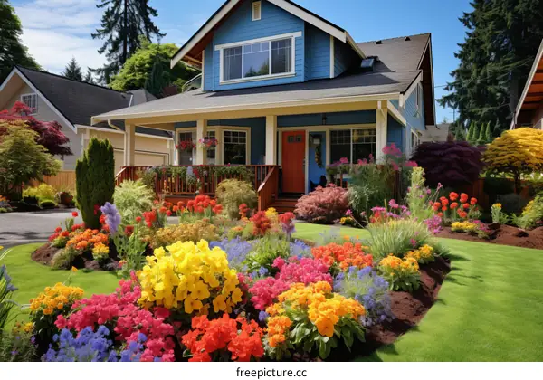 Colorful flowers in front of a blue house