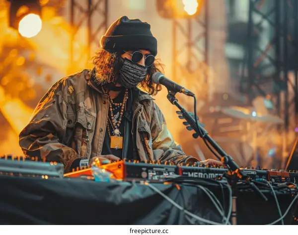 Male DJ wearing a mask and sunglasses while performing