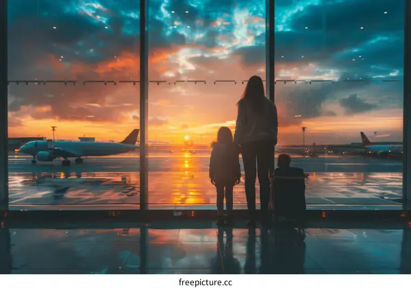 Family of three at the airport watching planes take off and land