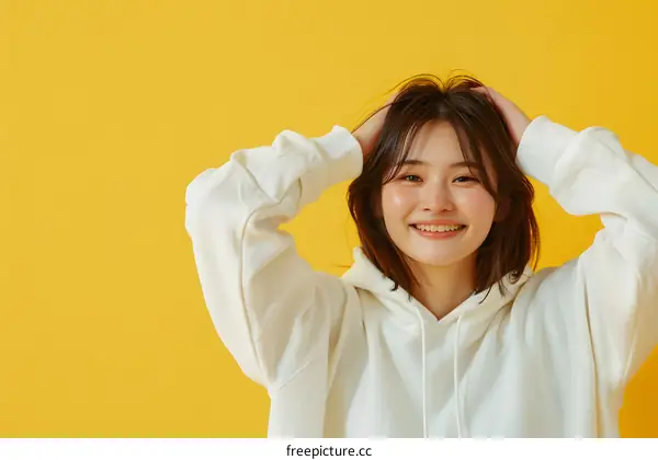 Smiling Asian Woman with Short Brown Hair Wearing a White Hoodie Against a Yellow Background