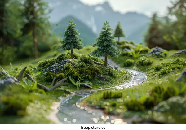 Enchanted Miniature Landscape with Cascading Stream and Verdant Trees