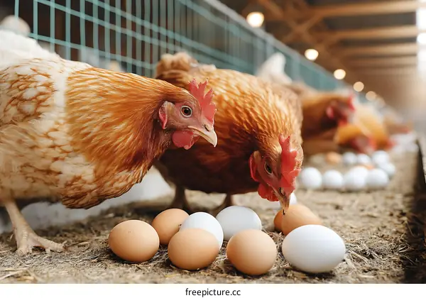 Chickens Gathering Eggs in Farm Coop