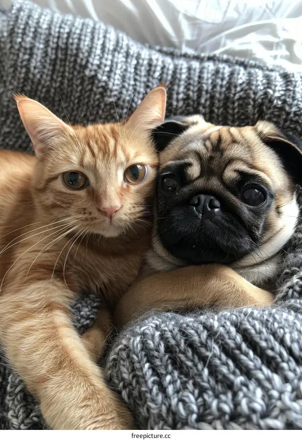 Orange cat and pug cuddle on a gray blanket