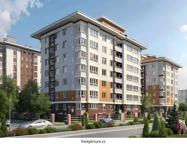 Modern Residential Building With Green Trees and Cars