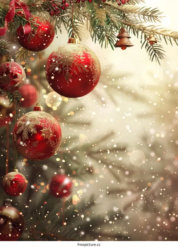 Red Christmas balls hanging on a snowy tree branch