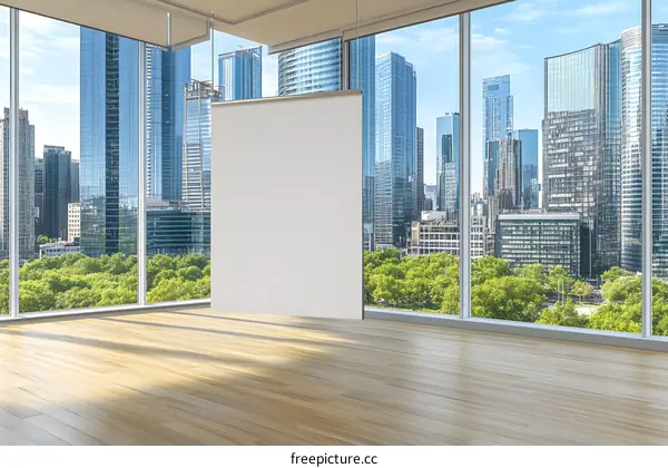Blank White Canvas Hanging In Modern Office With Cityscape View