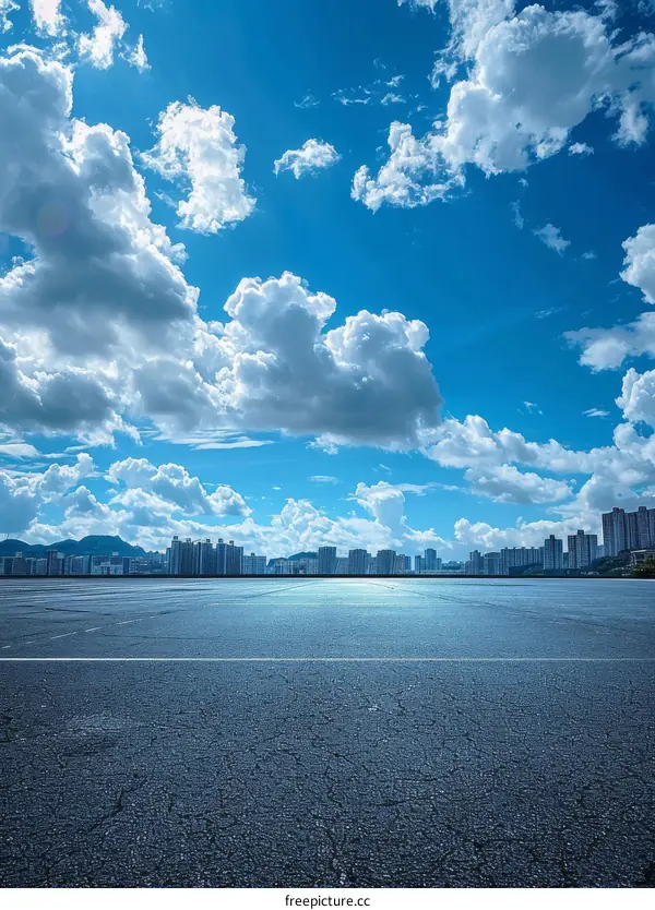 Blue Sky with White Clouds Over Empty Parking Lot and Distant City Buildings
