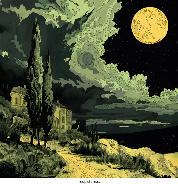 Night Sky With Full Moon Over a  Countryside