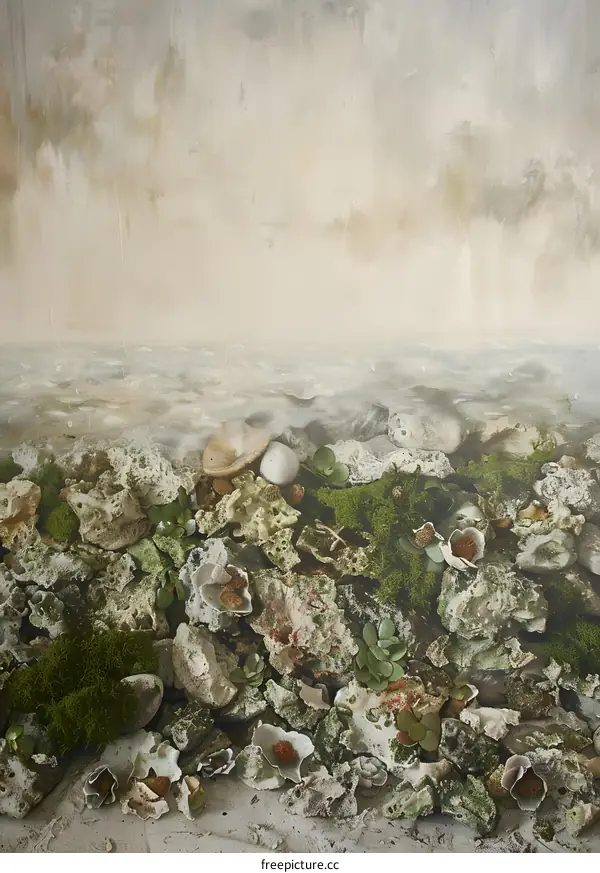 Seashells and Moss on the Beach at Sunset