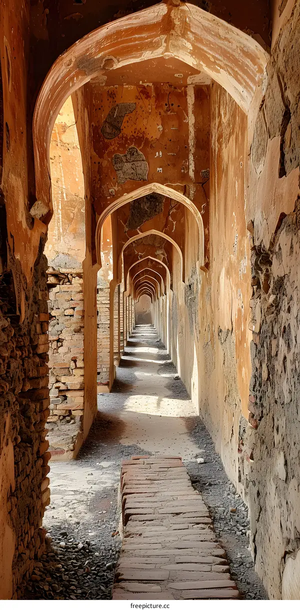 Long brick arched hallway