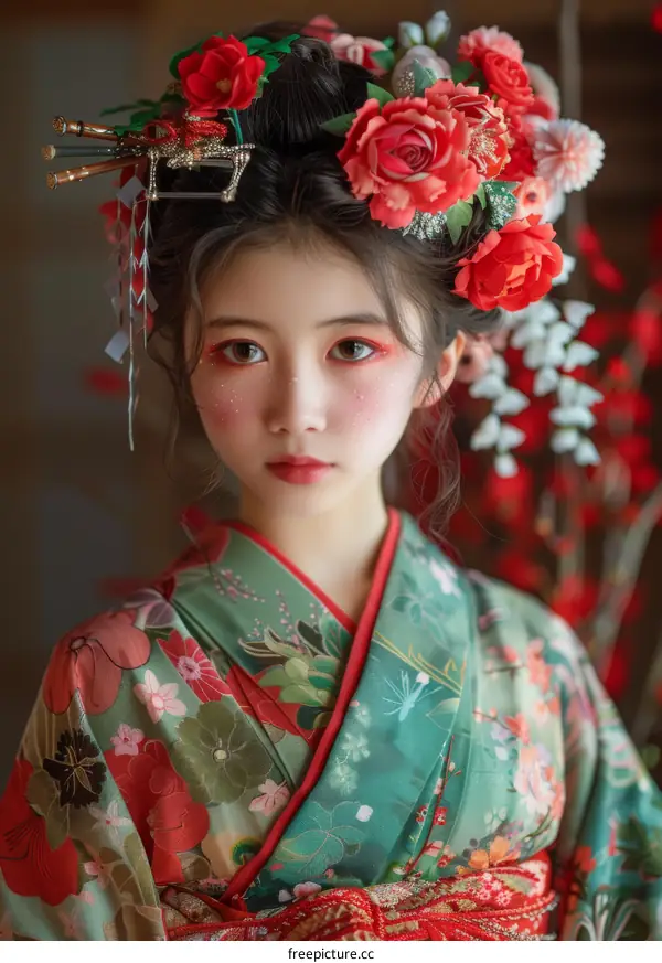 Portrait of a young woman in a kimono with red and white flowers in her hair
