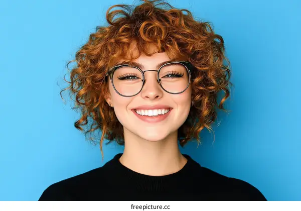 Smiling Woman with Curly Hair and Glasses