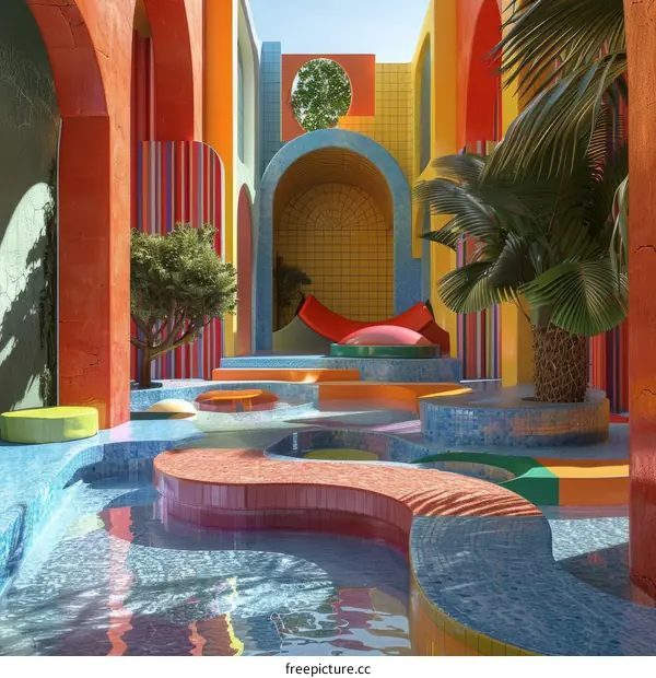 Colorful 3D rendering of a surreal swimming pool with geometric shapes and bright colors