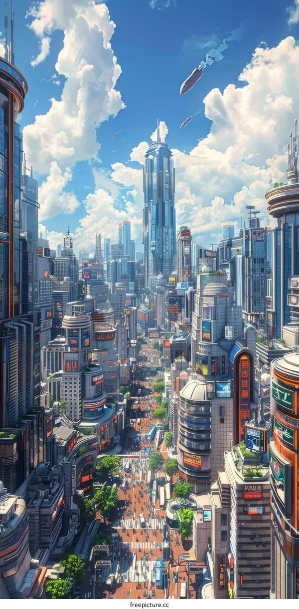 Futuristic Cityscape with Crowded Streets