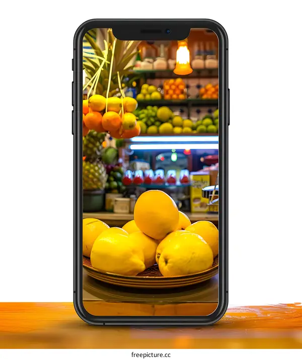 Smart Phone Displaying Fruits In A Fruit Market