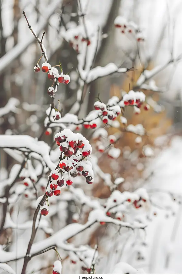 Winter Red Berries Covered in Snow