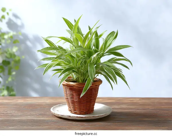 Potted plant on wooden table indoor