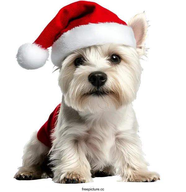 [Transparent Background PNG]Adorable White Dog in Santa Hat