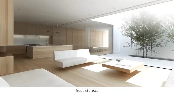 Minimalist Modern Interior Design with Light Wood and Open Courtyard