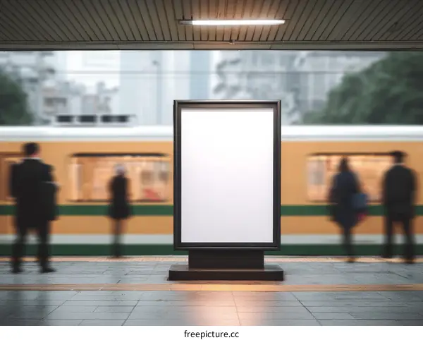 Blank Outdoor Advertisement Board with People at Train Station