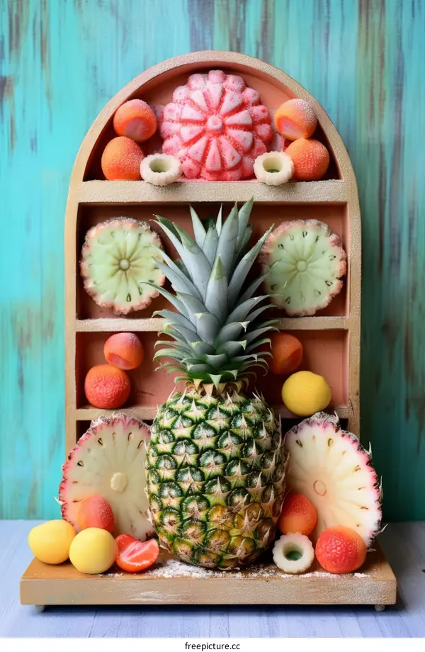 An assortment of fruits displayed on wooden shelves against a turquoise backdrop