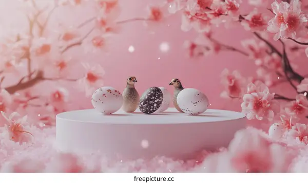 Easter eggs with birds in cherry blossom background