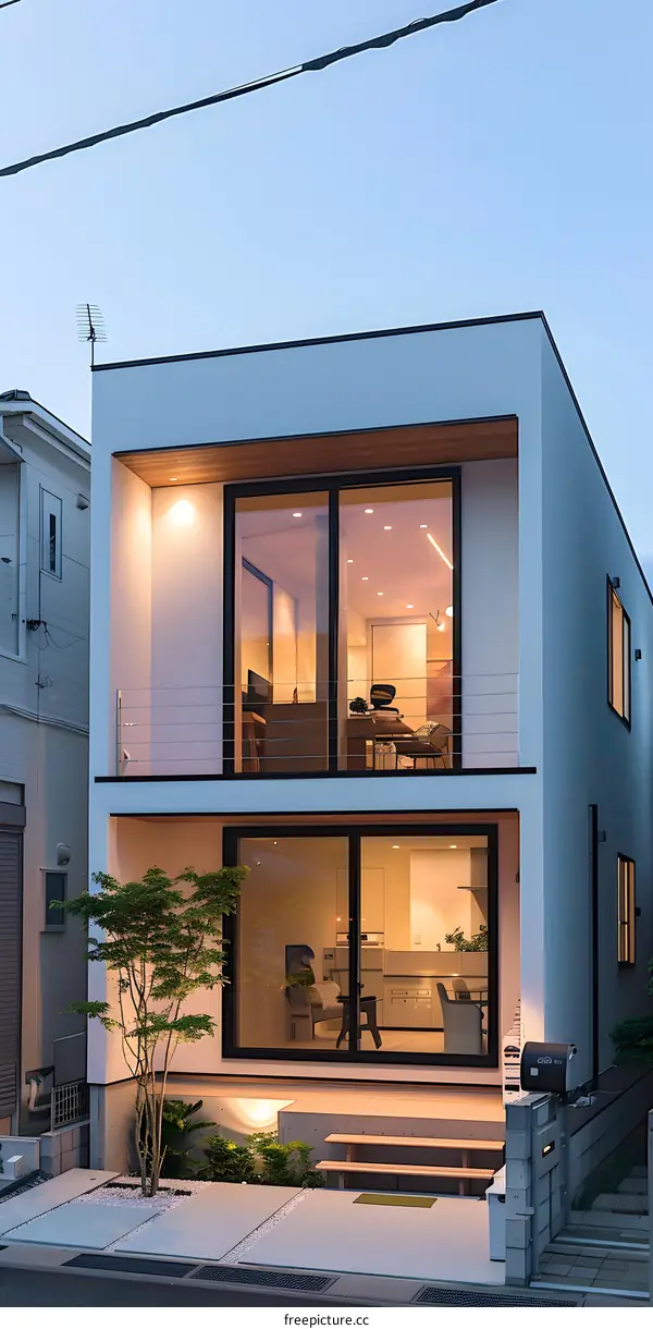 Modern Minimalist House Exterior With Wooden Deck And Green Plants