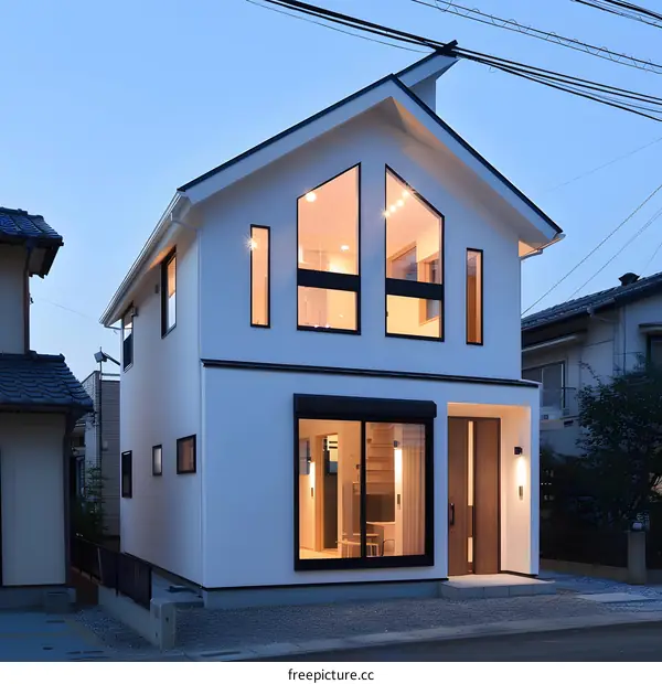 Modern White House with Large Windows and a Wooden Door