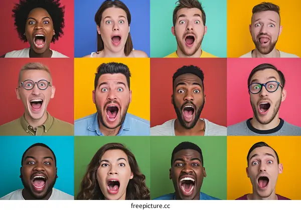 People of different ethnicities with surprised expressions on their faces