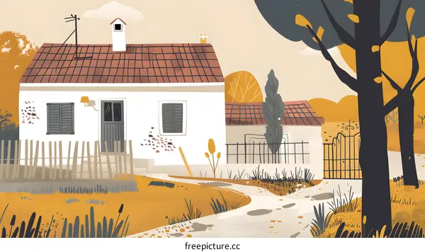 White Cottage with Red Tile Roof in Autumn Landscape