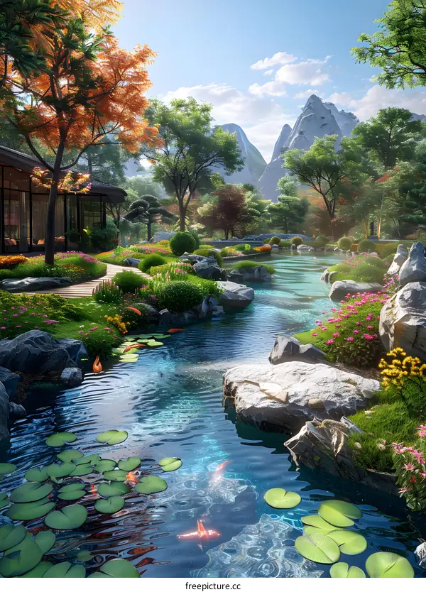 Courtyard with blue water, green mountains and reflection